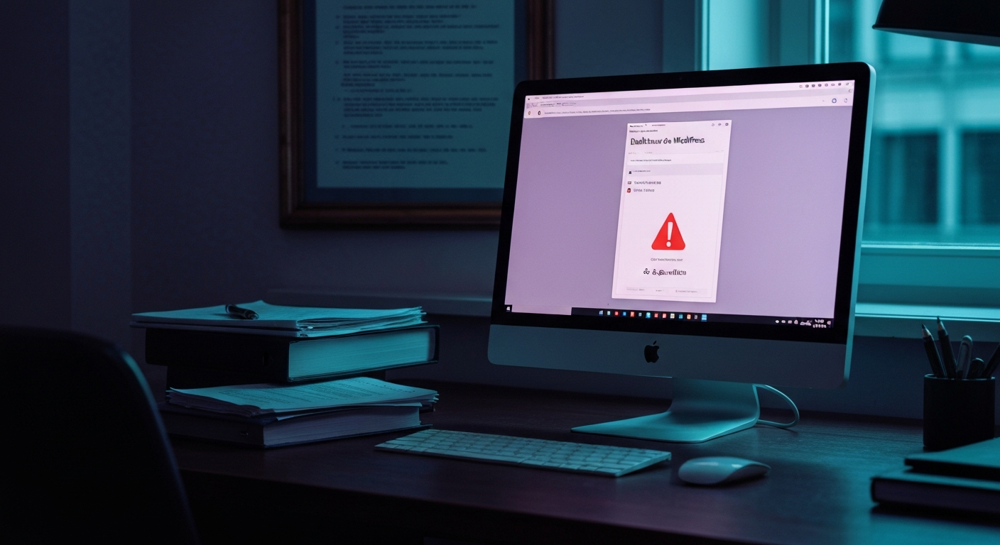 Faille WordPress sécurité site cabinet avocat : écran affichant une alerte de backdoor sur le tableau de bord WordPress d'un site juridique