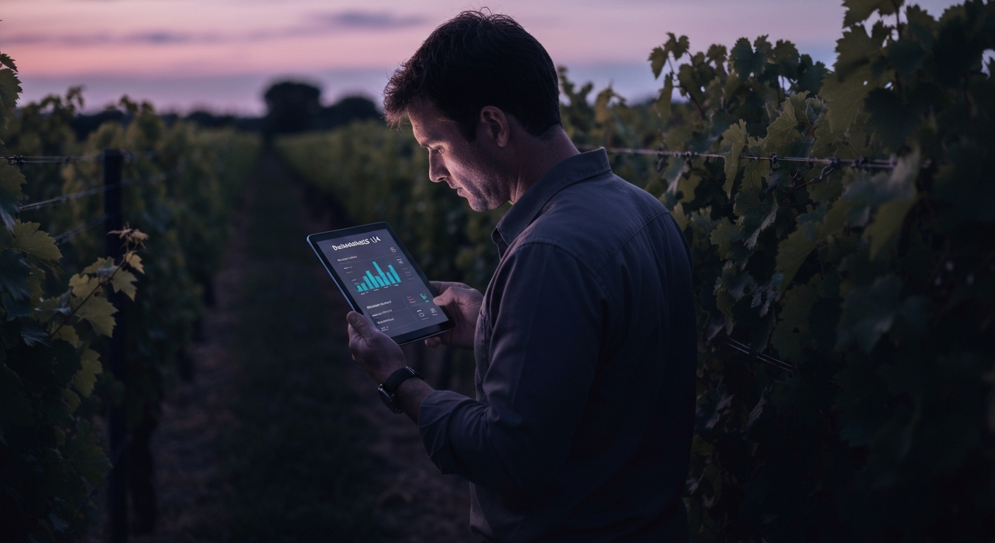 ChatGPT tâches autonomes agriculture viticulture — interface agent IA connectée à un logiciel de gestion parcellaire sur tablette en exploitation viticole