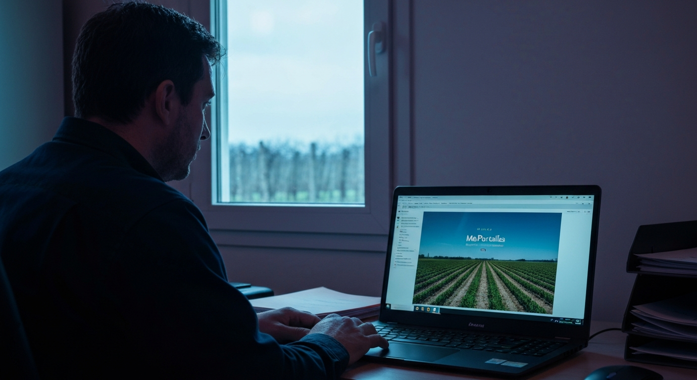 Agriculteur consultant l'interface Geofolia sur Chrome avec données parcellaires et registre phytosanitaire exploitation agricole