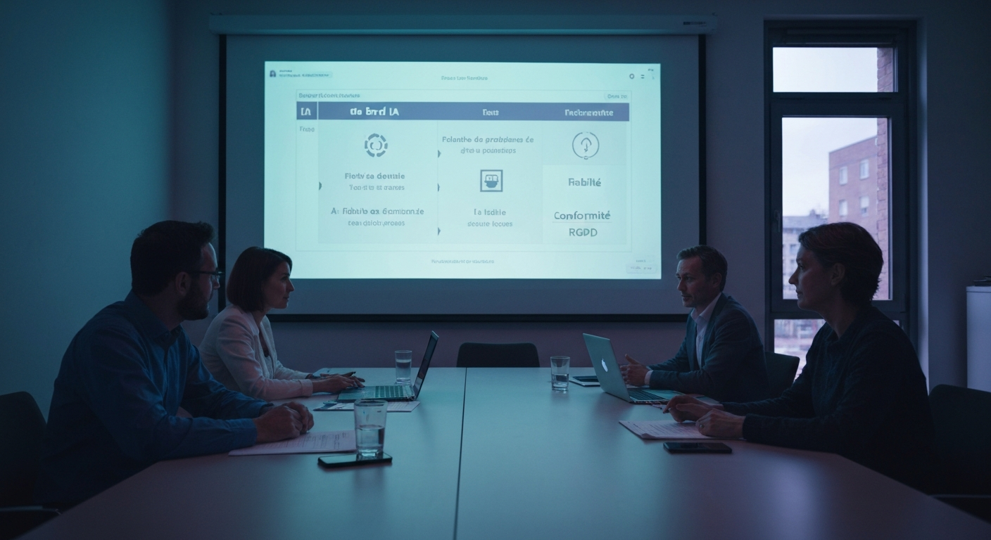 Réunion de gouvernance IA dans une association avec tableau des risques algorithmiques — risques IA secteur non lucratif 2026