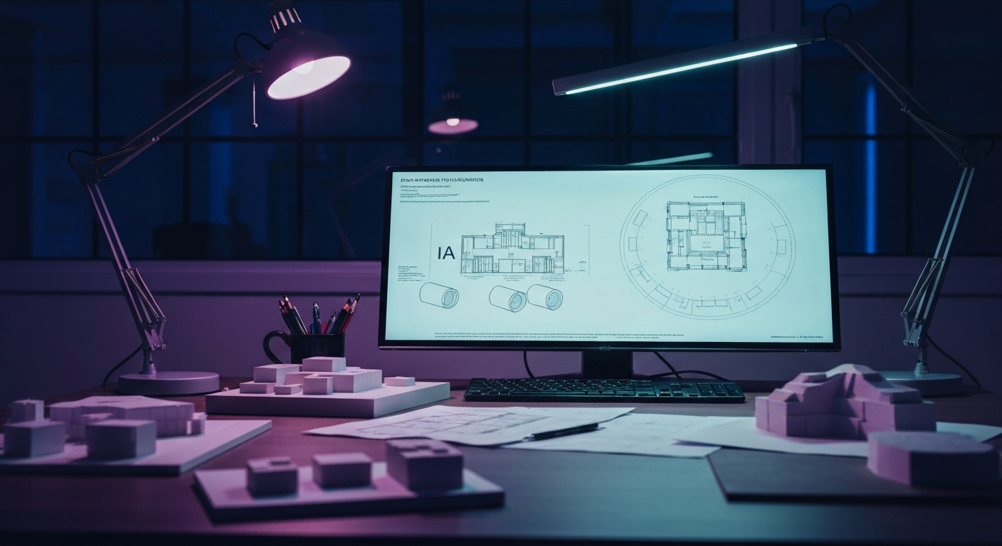 Claude Design cabinet architecte générant une planche de concours avec perspective d'insertion urbaine sur écran en agence d'architecture