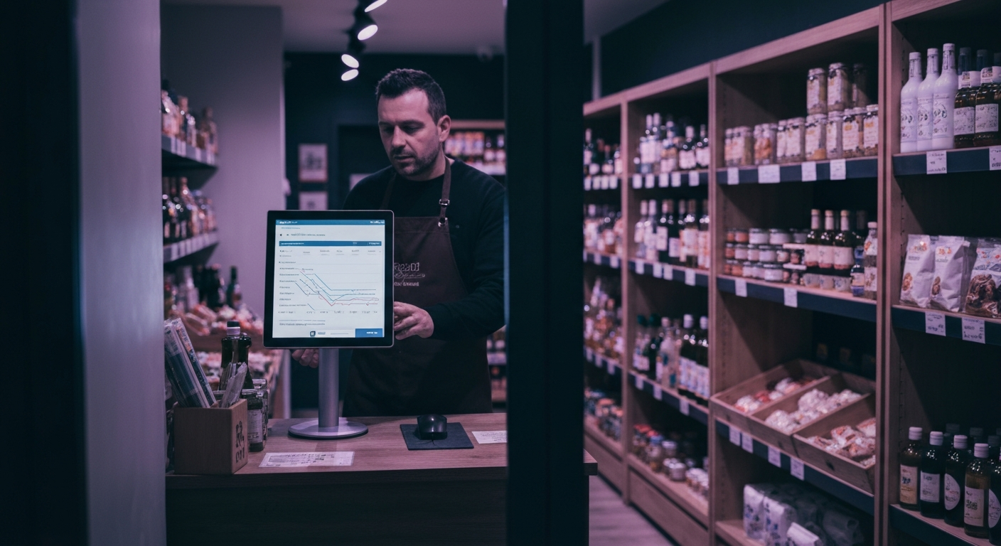 Traçabilité IA commerce de proximité 2026 : commerçant indépendant vérifiant la conformité de son logiciel de gestion en magasin