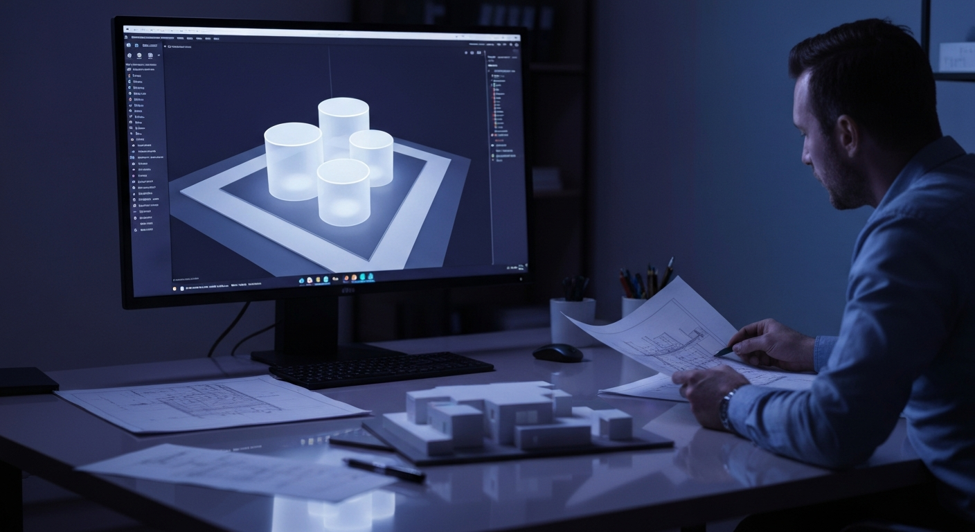 Erreurs IA générative cabinet architecte : rendu GenCAD comparé aux exigences RE 2020 sur écran dans agence architecture