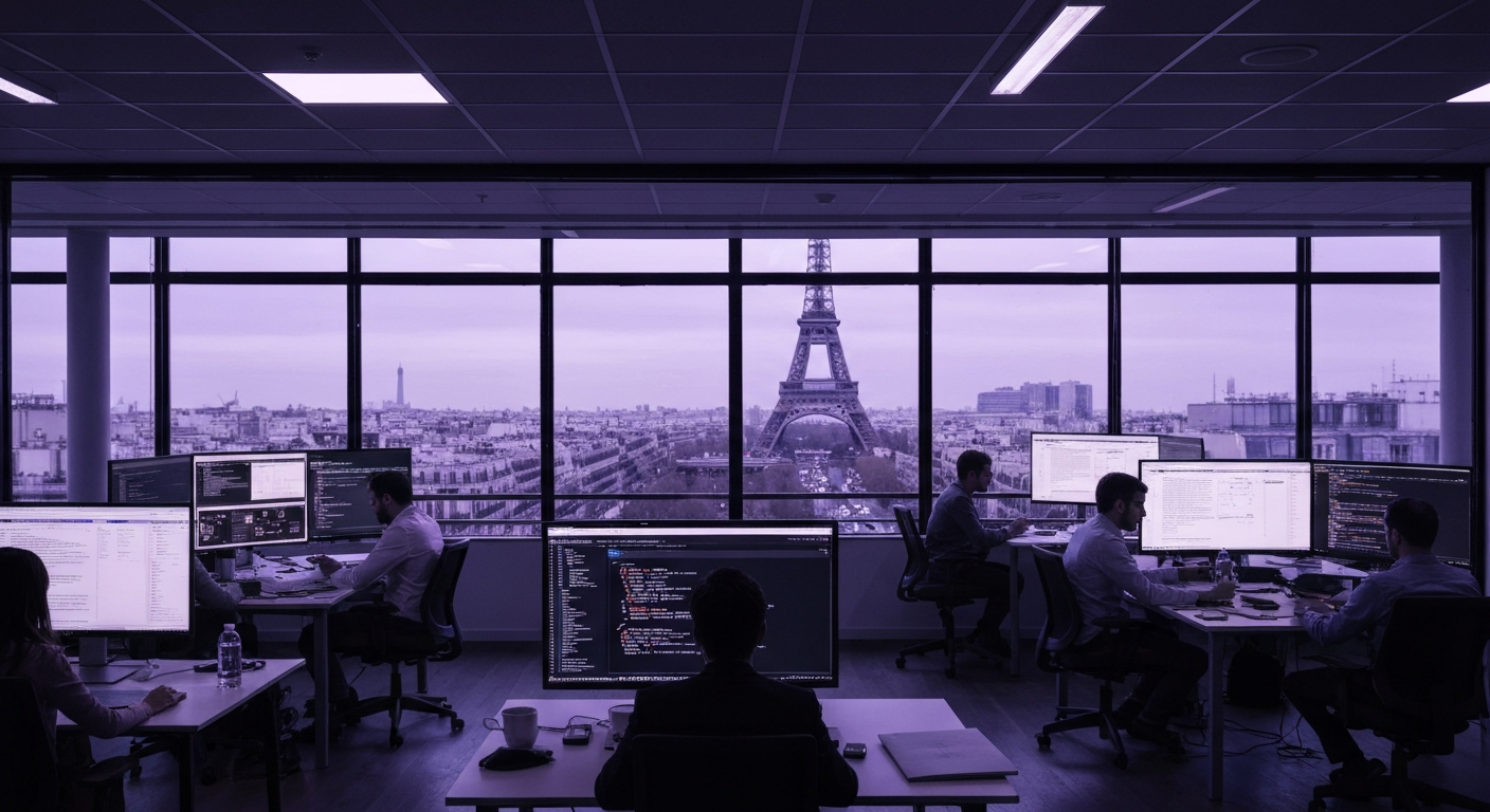 Relocalisation talents IA Europe : espace de coworking tech avec ingénieurs internationaux travaillant sur des modèles d'intelligence artificielle