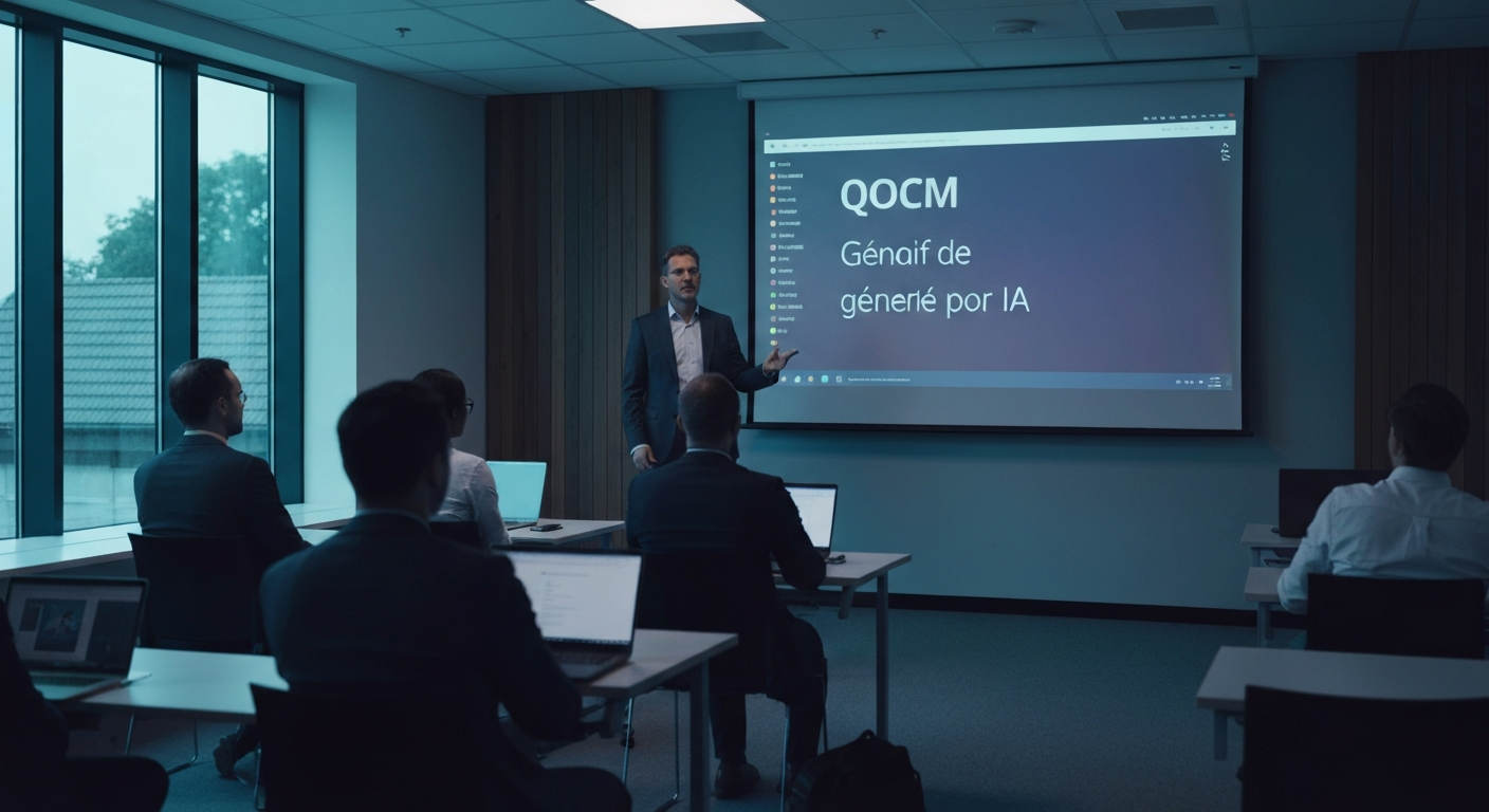 Comparatif outil IA génération quiz formation affiché sur écran dans un bureau d'organisme de formation certifié Qualiopi