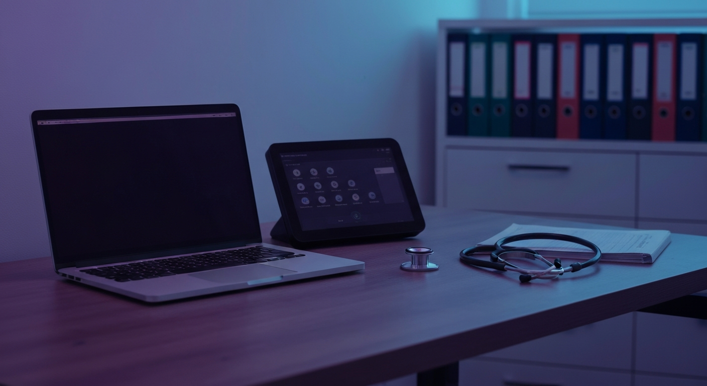 IA locale données patients cabinet médical : écran de gestion patient sur le bureau d'un médecin généraliste en 2026