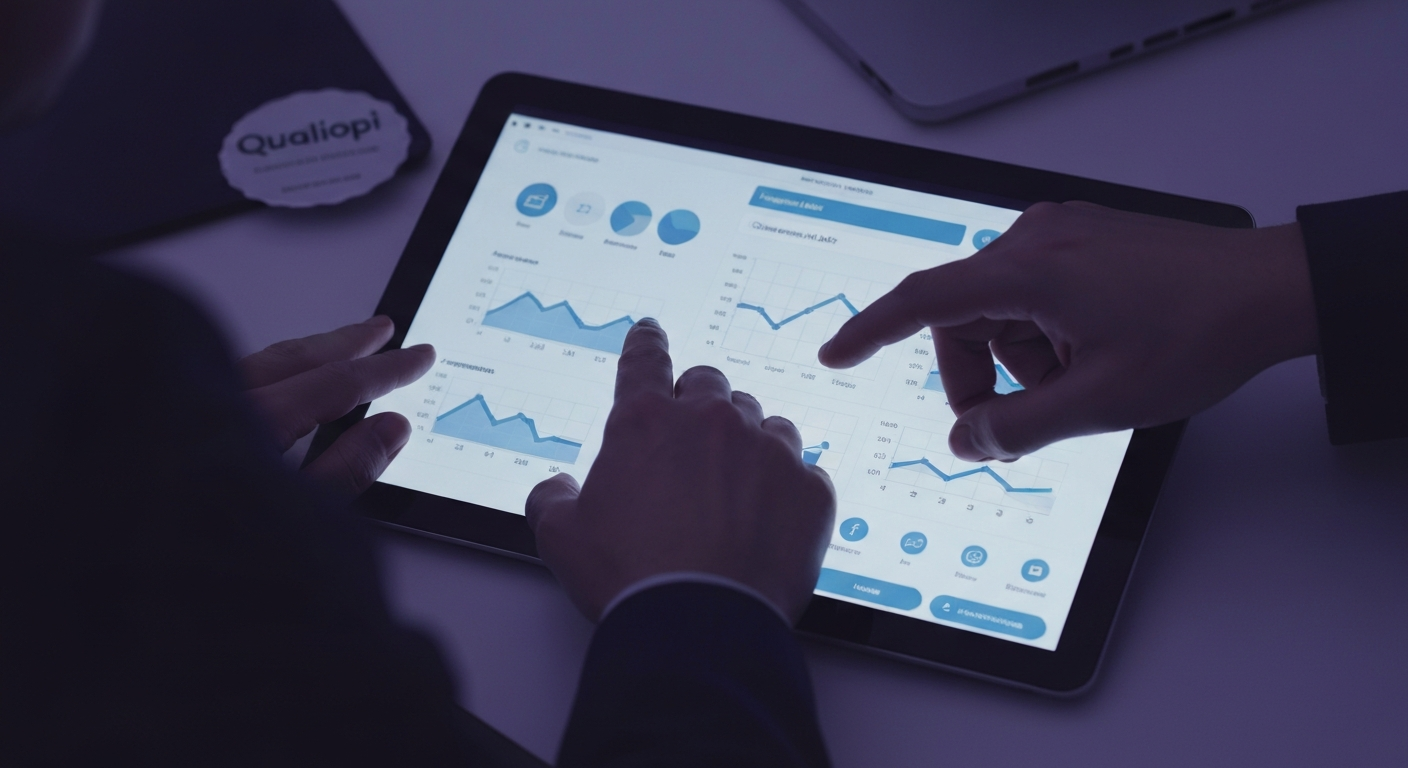 Plateforme e-learning IA générative affichant un score de fiabilité contenu et un tableau de bord de correction automatique formation