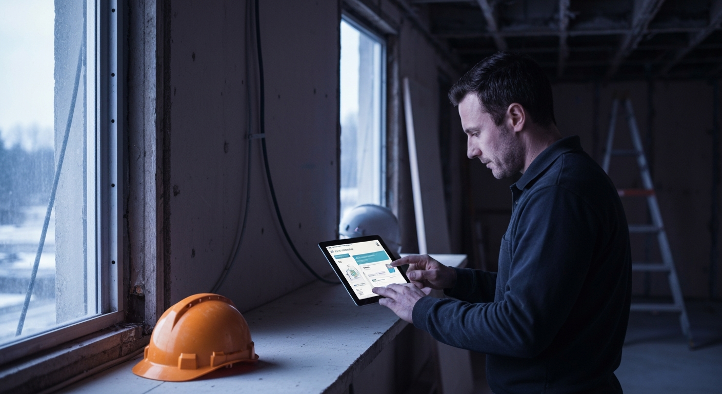 Comparatif modèles IA LLM 2026 sur écran dans un bureau d'artisan BTP avec plans de chantier et devis DPGF
