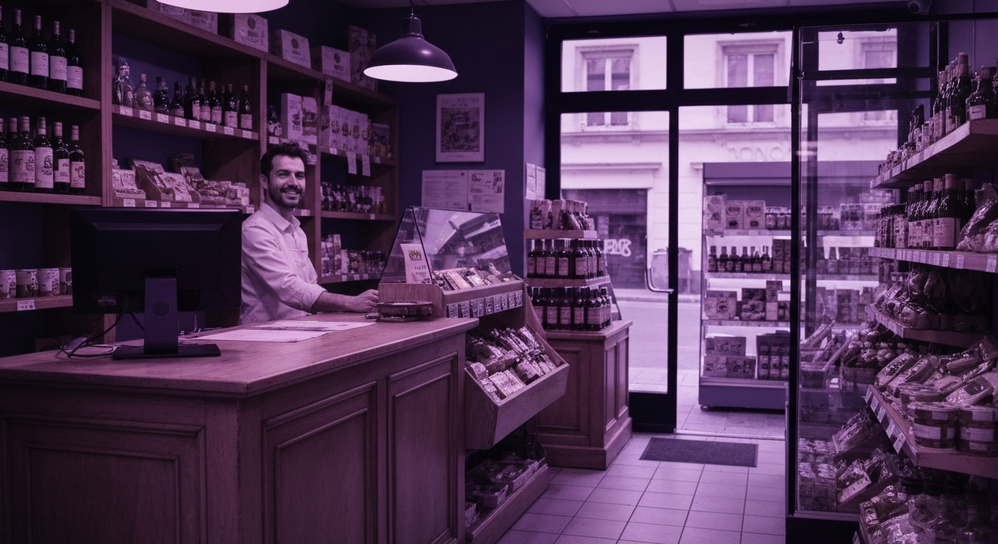 Comptoir de commerce de proximité avec caisse enregistreuse et terminal NFC illustrant le coût no-tech low-tech commerce de proximité