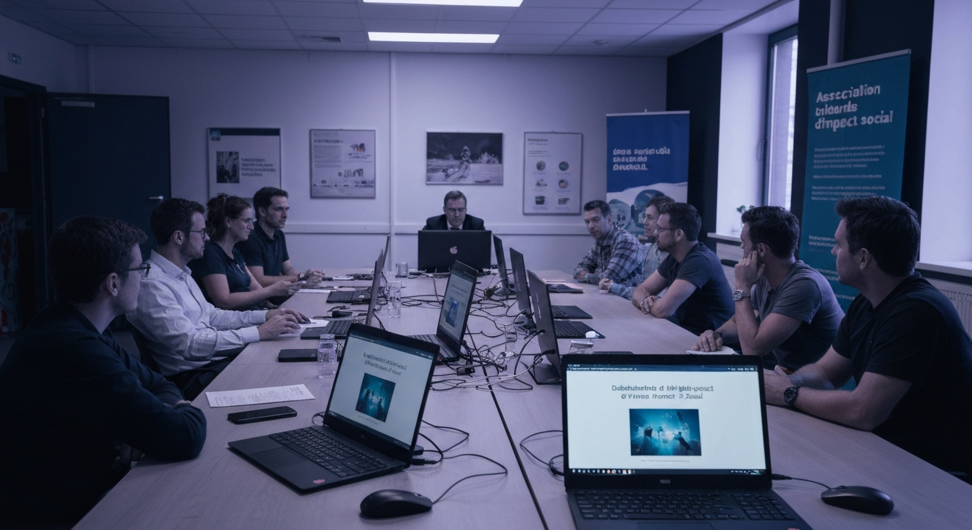 IA raisonnement avancé associations non lucratif : tableau de bord modélisation d'impact social sur écran dans un bureau associatif