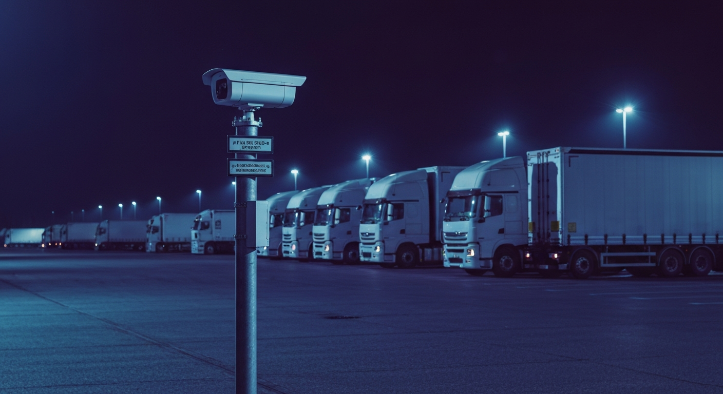 Caméra ALPR installée sur un axe routier captant les plaques d'un poids lourd – stop flock tracking flotte transport logistique