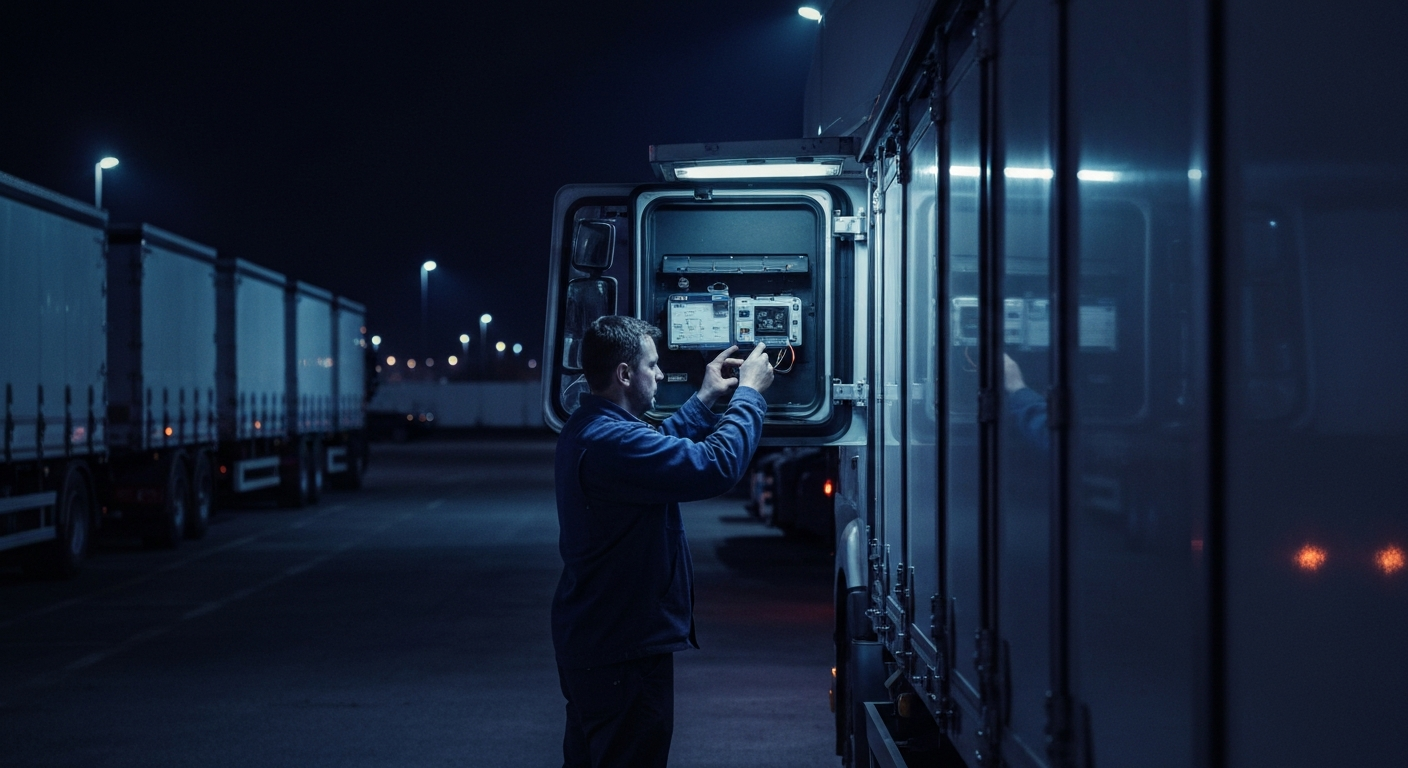Boîtier télématique embarqué installé sur tableau de bord camion flotte logistique avec trackers GPS véhicules actifs