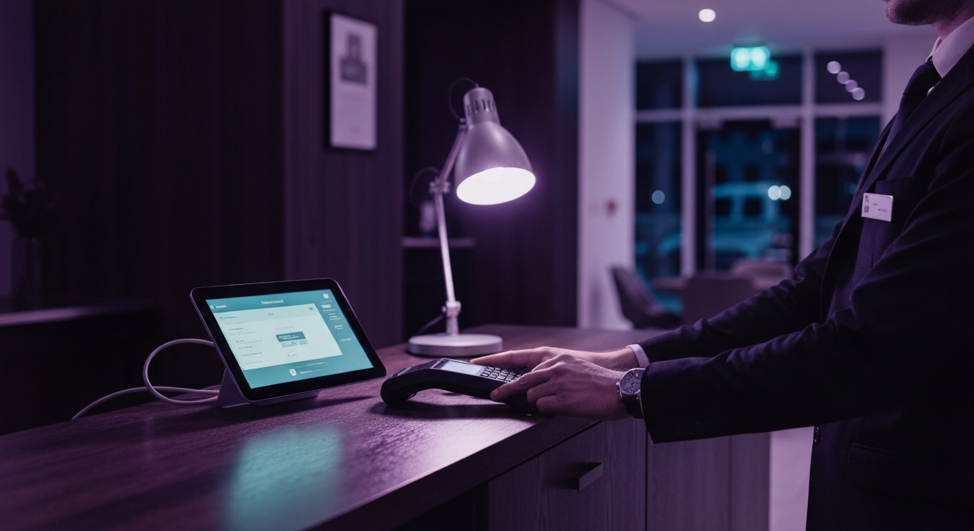 TPE USB-C SumUp et tablette de caisse Lightspeed Restaurant sur comptoir de restaurant, norme USB-C hôtel restaurant obligation 2026