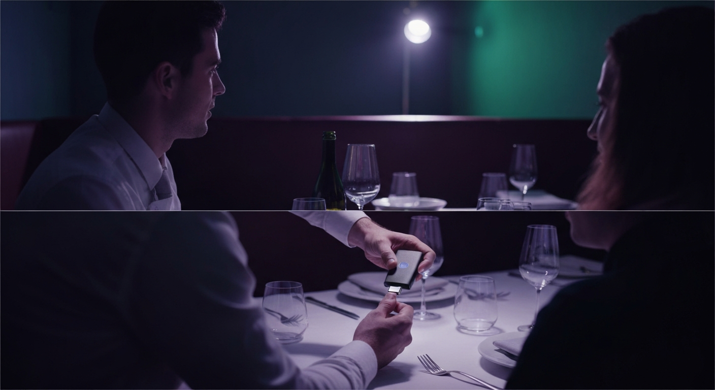 Borne de recharge USB-C encastrée dans une table de restaurant avec câble professionnel CHR certifié, infrastructure numérique hôtel 2026