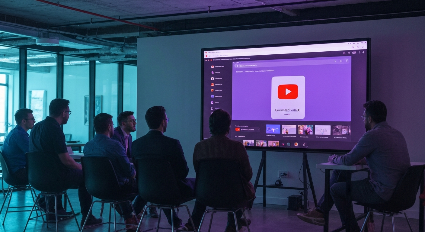 Dashboard YouTube Studio affichant le label IA vidéo impact entreprise avec options de déclaration contenu généré par intelligence artificielle