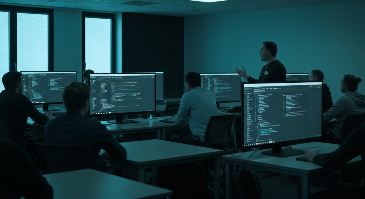 Interface Zed éditeur code IA affichée sur écran en salle de formation développeur avec apprenants en pair programming