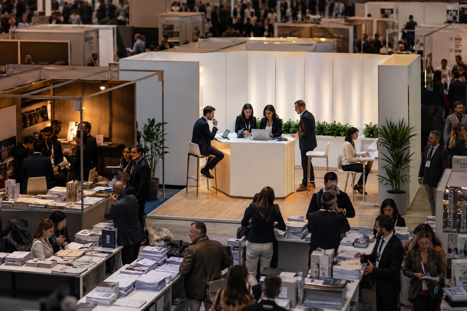 Foire professionnelle avec contraste entre papier et digitalisation