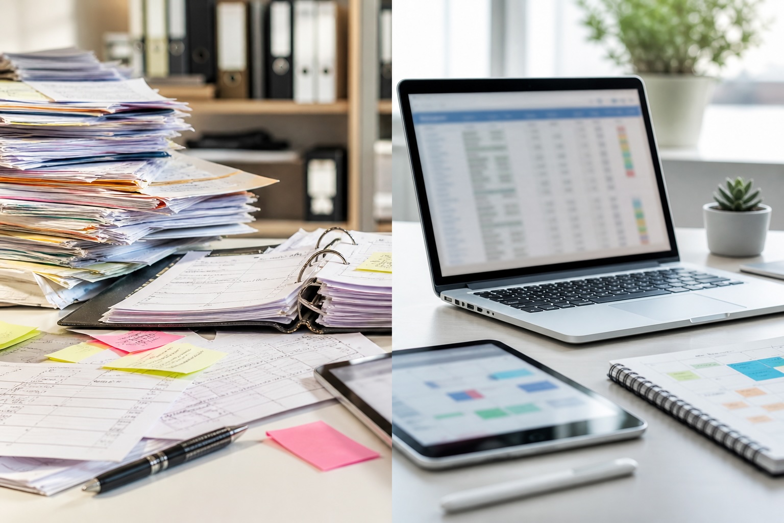 Contraste entre documents papier et espace de travail digitalisé